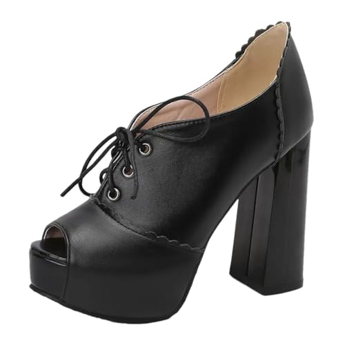 Damen-Pumps mit Peep-Toe-Schnürung, Block, High Heels, Plateau, große Größe, sexy Dating-Party, Schwarz , 36 EU von Generisch