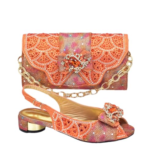Damen-Pumps mit mittelhohem Absatz und passender stilvoller Tasche für Bankette, Hochzeiten und Abendgarderobe, Orange, 42.5 EU von Generisch