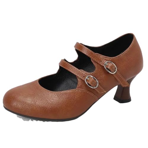 Damen-Pumps mit rundem Zehenbereich, doppelter Schnallenriemen, seltsame Absätze, süße Dating-Schuhe, große Größe, gelb, 45 EU von Generisch