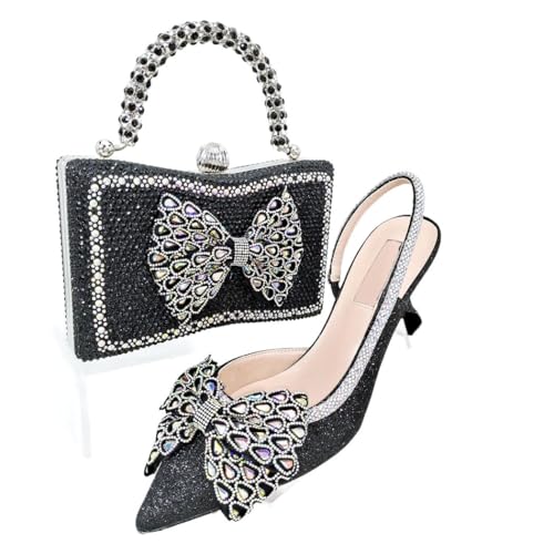 Damen Pumps mit spitzem Zehenbereich und Strasssteinen, Skelett, Schmetterlingsknoten-Design, Schwarz , 41 EU von Generisch