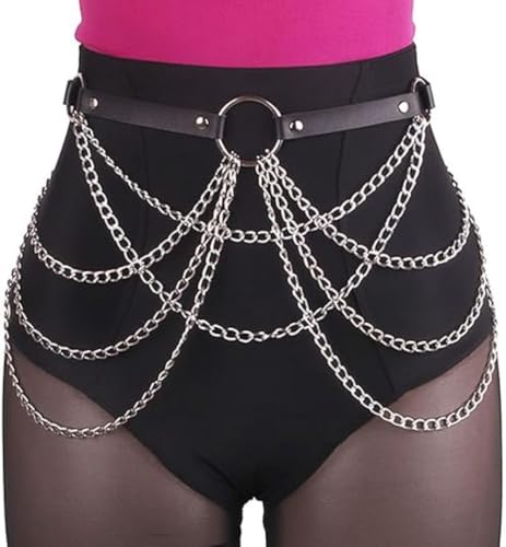 Damen Punk Leder & geschichtetes Metall Taillenkettengürtel - kantige schwarze Körperkette für Rave-Outfits & Festival-Schmuck von Generisch