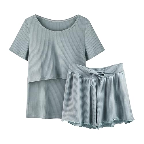 Generisch Damen-Pyjama, Schlafanzug, Ärmel, Nachtwäsche, Stillen, Shirt und Set, Baby, Umstands-Top, kurze Hose, Umstandspyjama mit Robe, grün, 42 von Generisch