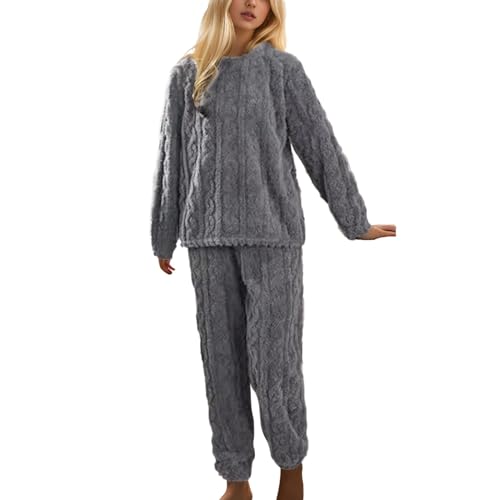 Damen Pyjama Set warm flauschig Fleece Loungewear übergroße 2-teilige Schlafanzug Hose Pullover gemütlich weich Winter Nachtwäsche (Black, One Size) von Generisch