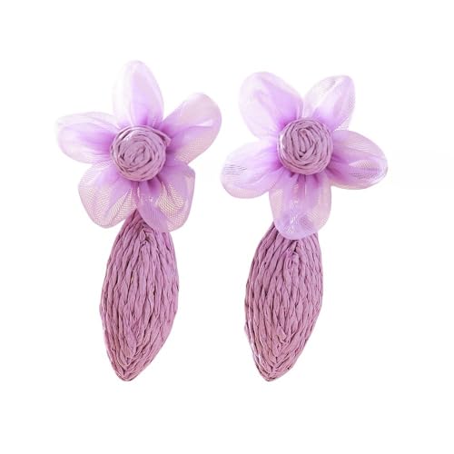 Damen Raffia Ohrhänger, Handgefertigt, Lila Blume, Bohemia Statement Ohrhänger, Trendiger Süßer Sommerschmuck für Frauen, Geschenke, Kostüm Accessoire von Generisch