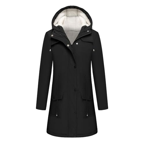 Damen Regenjacke Wasserdicht Gefüttert Lang Winterjacke Damen Warm mit Kapuze Langer Softshelljacke Damen Innenfutter Dicke Regenmantel Atmungsaktiv Outdoorjacke mit Taschen Wandern Jacke von Generisch