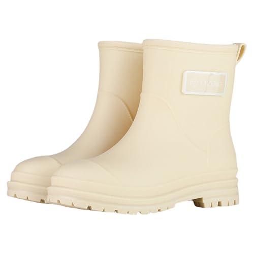 Damen-Regenstiefel, bequem, elastisch, für Erwachsene, Stiefeletten, modisch, mittelhoher Absatz, rutschfest, klobige Plateausohle, Kurze Gartenstiefel Schuhe Damen Plateau Blau (Beige, 40) von Generisch