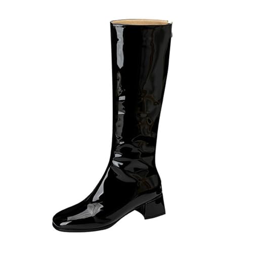 Damen Reitstiefel mit quadratischem Zehenbereich, kniehoch, Plüschfutter, mittelhoher Blockabsatz, Reißverschluss, modisch, Party, Tanzschuhe, Schwarz , 38 EU von Generisch