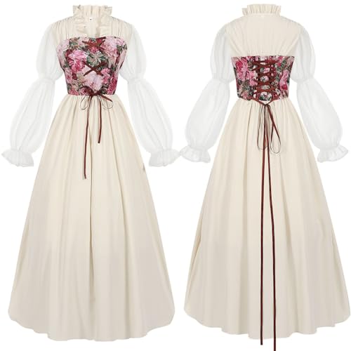 Damen Renaissance Retro Kleid Viktorianisches Rokoko Piratenkleid Mittelalter Königin Outfit Puffärmel mit Bodenlänge Trachten Samt Lang Trachtenmode Set Mittelalterliche Kleidung von Generisch