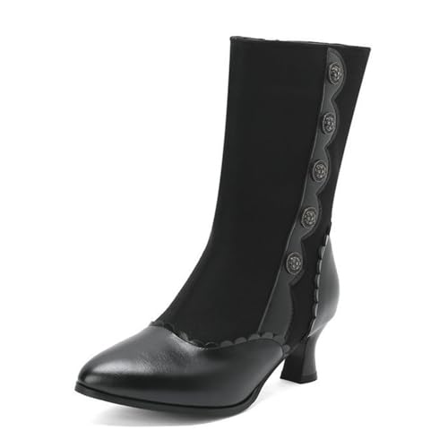 Damen Retro Brouge viktorianische Stiefeletten Kitten Heels Spitze Zehen Kleid Pumps Seitlicher Reißverschluss Winterschuhe, Schwarz , 37.5 EU von Generisch