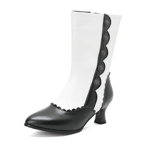Damen Retro Brouge viktorianische Stiefeletten Kitten Heels Spitze Zehen Kleid Pumps Seitlicher Reißverschluss Winterschuhe, schwarz / weiß, 34 EU von Generisch