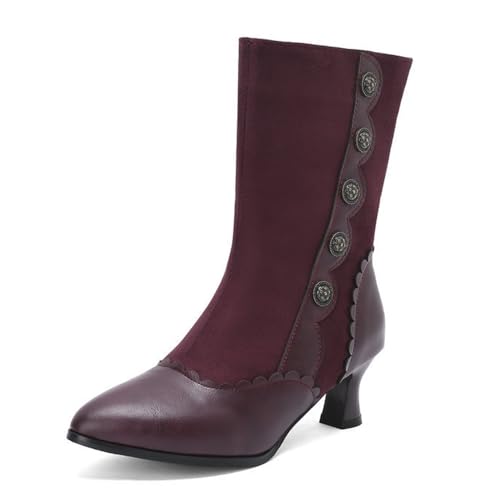 Damen Retro Brouge viktorianische Stiefeletten Kitten Heels Spitze Zehen Kleid Pumps Seitlicher Reißverschluss Winterschuhe, violett, 39 EU von Generisch