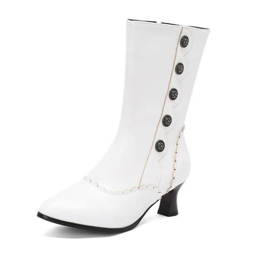 Damen Retro Brouge viktorianische Stiefeletten Kitten Heels Spitze Zehen Kleid Pumps Seitlicher Reißverschluss Winterschuhe, weiß, 34 EU von Generisch