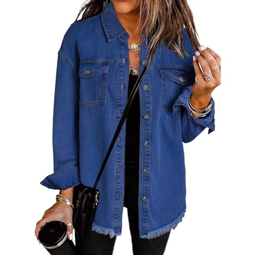 Damen Retro Casual Denim Jacke Oversized Knopf Jeansjacke Langarm lockerer Boyfriend-Jeansjacke Leichte Fransen Hippie Jean Jacket winter Casual Hemdjacke Jeansmantel mit Tasche Große Größen von Generisch