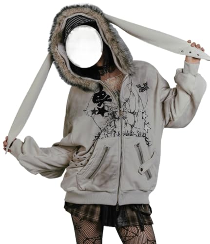 Damen Retro Kunstpelz Kapuzen-Sweatshirt Mit Hasenohren Damen Gothic Y2K Druck Plüsch Gefüttert Dicke Jacke Für Frühling Herbst Reißverschluss Langarm Jacke (Grau,L) von Generisch