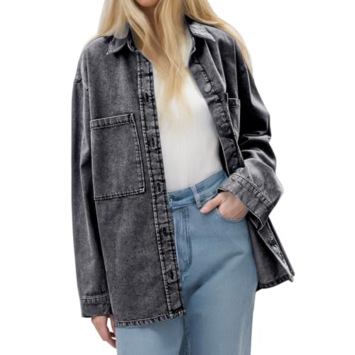Damen Retro Langarm Jeansjacke Blau Große Tasche Lockeres Freizeithemd compatible with Motorrad Jeansjacke Damen (Grey, S) von Generisch
