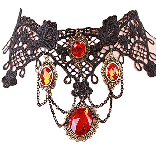Damen Retro Lolita Gothic Spitze Rot Schlüsselbein Weibliche Halskette Vintage Stil Strass Anhänger Choker Halsbekleidung Halsband Haltbarkeit von Generisch