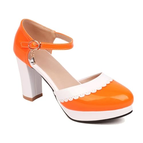 Damen Retro Mary Jane Schuhe Colorblock Geschlossene Zehen Chunky Heel Party Hochzeit Kleid Pumps mit Knöchelriemchen Schnalle, Orange, 33.5 EU Damen Retro Mary Jane Schuhe Colorblock Geschlossene Zehen Chunky Heel Party Hochzeit Kleid Pumps mit Knöchelriemchen Schnalle, Orange, 33.5 EU von Generisch