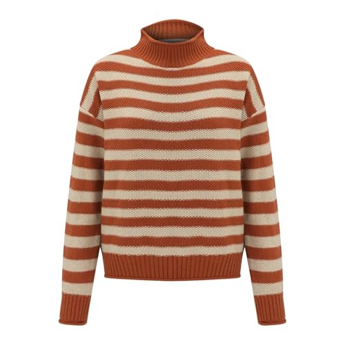 Damen Retro Streifen Kontrast Halber Rollkragenpullover Gestreifte Pullover 2024 Trendy Rollkragen Casual Knit Tops, Orange, Einheitsgröße von Generisch