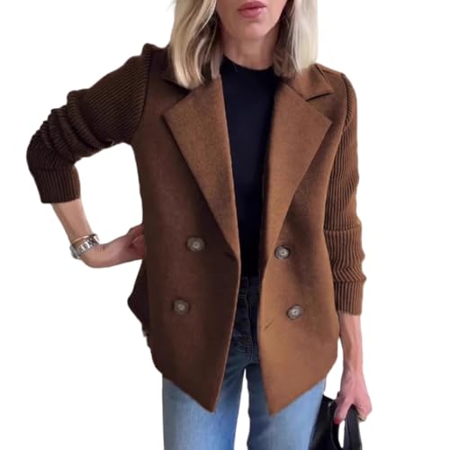 Damen Revers Knopf Strick Patchwork Ärmel Casual Mantel mit Taschen Zweireihiger Blazer Pullover für Frauen, dunkelbraun, L von Generisch