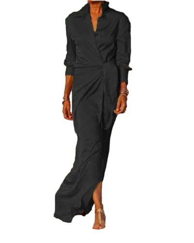 Damen Revers Langarm Schlitz Glänzend Slim Fit Abend Rot Langes Kleid, Schwarz , Small von Generisch