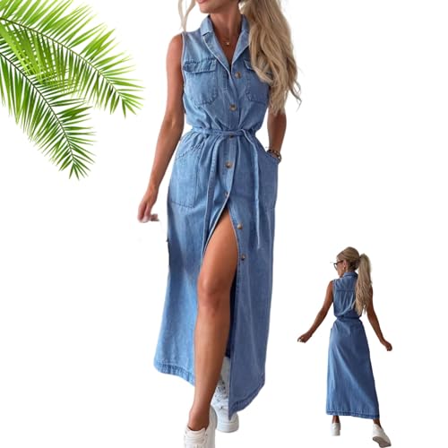 Damen Revers Langes Ärmelloses Jeanshemdkleid mit Schnürung, 2025 Sommer Lässiges Button-Down-Gürtel-A-Linien-Swing-Jeanskleid mit Taschen (blau,S) von Generisch