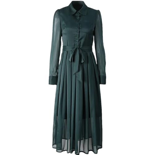 Damen Revers Solide Spitze Kleid Revers Einreiher Langarm Plissee Knöchellang Kleid, Dunkles En8, M Damen Revers Solide Spitze Kleid Revers Einreiher Langarm Plissee Knöchellang Kleid, Dunkles En8, M von Generisch