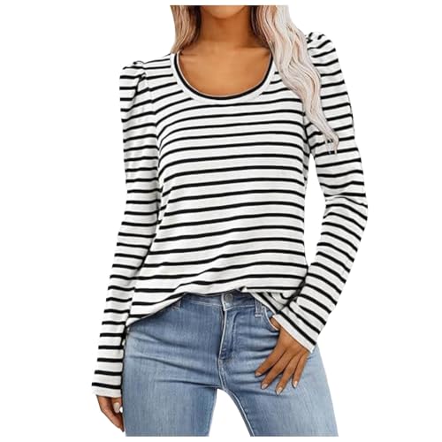 Damen Ringelshirt Gestreiftes Langarmshirt Frühlings Basic Shirt Baumwolle Top Rot-Weiss Karneval Oberteil Schwarz Weiß Longsleeve T Matrosen Kostüm Locker Sweatshirt Y2k Streifenshirt von Generisch