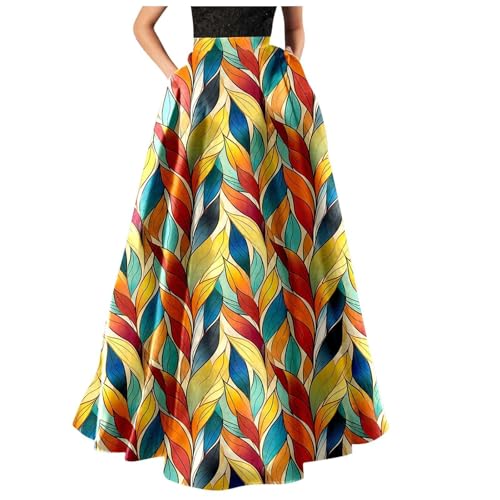 Damen Rock Elegant Lang Blumen A Linie Strand Maxirock Damen Hohe Taille Blumenmuster Lange Röcke Damen Festlich Rock Frauen mit Taschen Strandrock Freizeitrock für Alltag, Urlaub von Generisch
