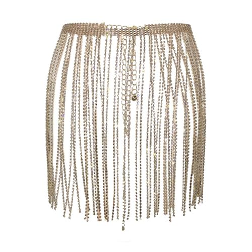 Damen Rock Frauen Karneval Rock Fransen Helle Strass Kette Bühne Leistung Gürtel Taille Kette Nachtclub Taille Kette Rock (Gold, One Size) von Generisch