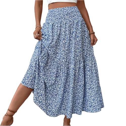 Damen Rock Lang Elegant Sommerrock Mit Taschen Stretch High Waist Damenröcke Boho Strand Summer Skirt von Generisch