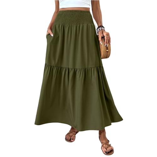 Damen Rock Lang Elegant Sommerrock Mit Taschen Stretch High Waist Damenröcke Boho Strand Summer Skirt von Generisch
