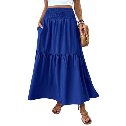 Damen Rock Lang Elegant Sommerrock Mit Taschen Stretch High Waist Damenröcke Boho Strand Summer Skirt von Generisch