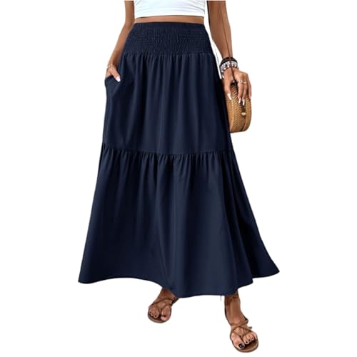 Damen Rock Lang Elegant Sommerrock Mit Taschen Stretch High Waist Damenröcke Boho Strand Summer Skirt von Generisch