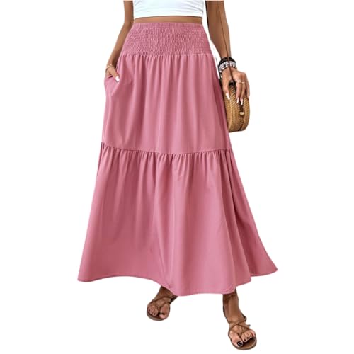 Damen Rock Lang Elegant Sommerrock Mit Taschen Stretch High Waist Damenröcke Boho Strand Summer Skirt von Generisch