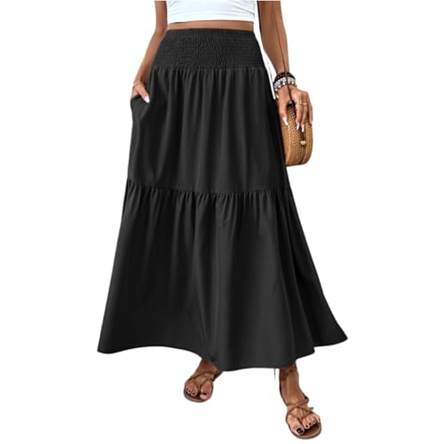 Damen Rock Lang Elegant Sommerrock Mit Taschen Stretch High Waist Damenröcke Boho Strand Summer Skirt von Generisch