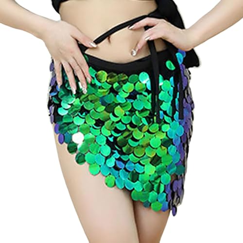 Damen Rock Pailletten Quasten Rock Rave Rock Bauchtanz Kostüm Bauchtanz Mini Rock Glitzer Rock Fransenrock Rock Hüftschal Karneval Kostüm Festival Fransen Röcke Wickelrock Damen Mädchen (C-Green, XL) von Generisch