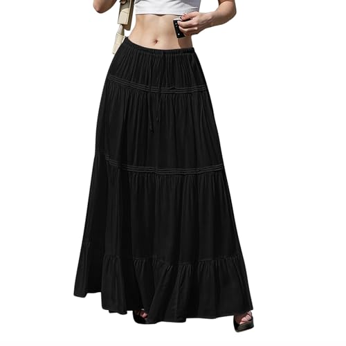 Damen Röcke Maxi Sommer Rock Baumwolle und Leinen Strandrock 4 Tiered Elegant Freizeitrock Elastic Waistband A-Linie Lang Boho Rock Gestuft Faltenrock Maxirock für Party Urlaub Strand (A02 Black,M) von Generisch