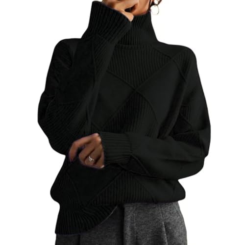 Damen Rollkragenpullover Grob Langarm Strickpullover Herbst Winter Basic Pullover Top, Schwarz , L von Generisch