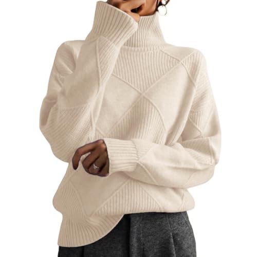 Damen Rollkragenpullover Grob Langarm Strickpullover Herbst Winter Basic Pullover Top, aprikose, 3XL von Generisch