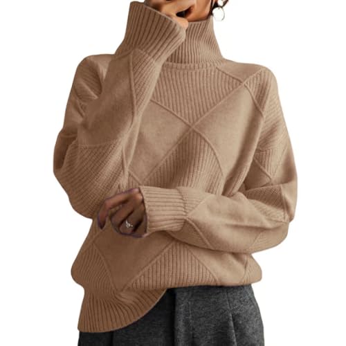 Damen Rollkragenpullover Grob Langarm Strickpullover Herbst Winter Basic Pullover Top, braun, 3XL von Generisch