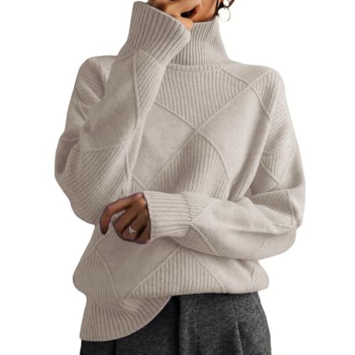 Damen Rollkragenpullover Grob Langarm Strickpullover Herbst Winter Basic Pullover Top, khaki, 3XL von Generisch
