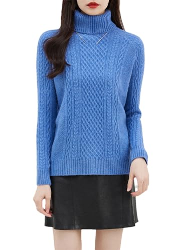 Damen Rollkragenpullover aus Wolle, für Herbst und Winter, langärmelig, Basic Strickpullover, blau, XL von Generisch