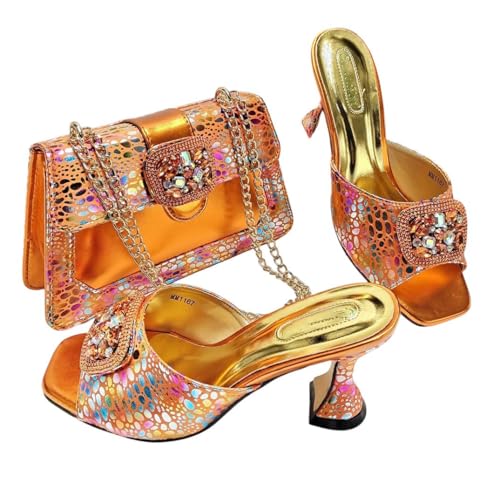 Damen Rosa Italienische Schuhe und Tasche Set Elegante High Heels mit Strass Dekoration für Party Hochzeit, Orange, 43 EU von Generisch