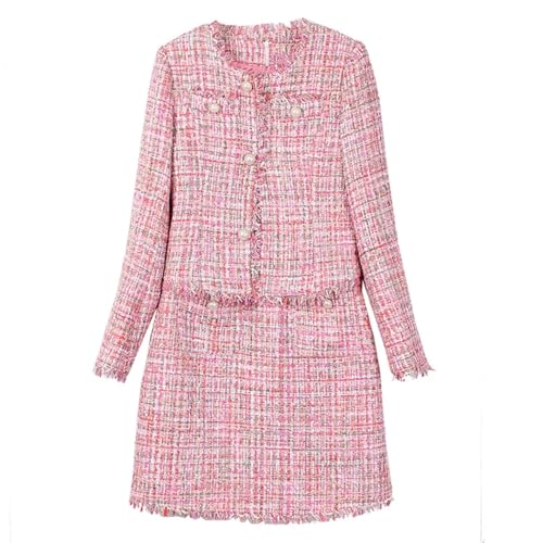 Damen Rosa Tweed-Jacke + ärmelloses Kleid Anzug Pailletten Stoff Frühling/Herbst Jacke Damen 2-teiliges elegantes Set, Pnnrk, XXL von Generisch