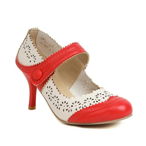 Damen Round Toe Brouges Hollow Out Stiletto Heel Pumps Atmungsaktive Vintage Mary Jane Pumps, rot, 41 EU von Generisch