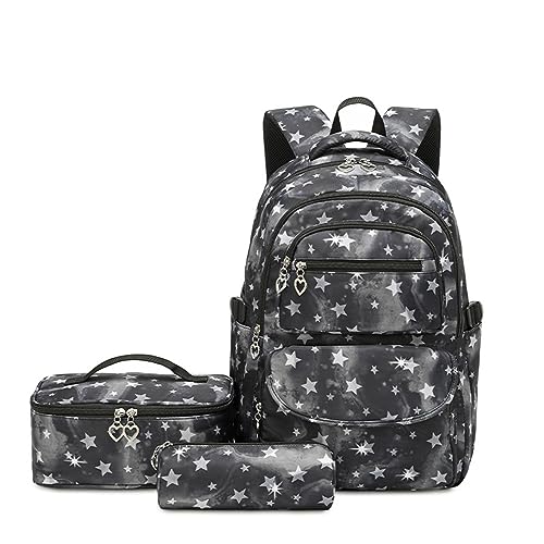 Damen-Rucksack für Arbeit, Schultasche für Grund- und Mittelschüler, niedlicher bedruckter Rucksack, Lunchtasche, Stifttasche, drei Sets Rucksäcke mit Lunchboxen für Kinder, Schwarz , Einheitsgröße, von Generisch