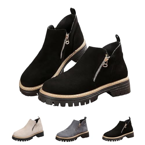 Damen Runde Zehe Stiefeletten mit seitlichem Reißverschluss rutschfest Wildleder Niedriger Absatz Kurze Stiefel Kleid Casual Chunky Heel Walking Schuhe, Schwarz , 37EU von Generisch