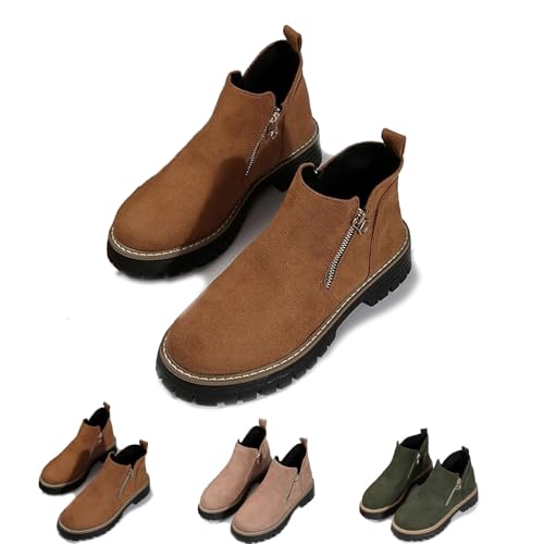 Damen Runde Zehe Stiefeletten mit seitlichem Reißverschluss rutschfest Wildleder Niedriger Absatz Kurze Stiefel Kleid Casual Chunky Heel Walking Schuhe, braun, 39.5 EU von Generisch