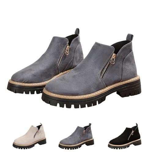 Damen Runde Zehe Stiefeletten mit seitlichem Reißverschluss rutschfest Wildleder Niedriger Absatz Kurze Stiefel Kleid Casual Chunky Heel Walking Schuhe, grau, 39.5 EU von Generisch