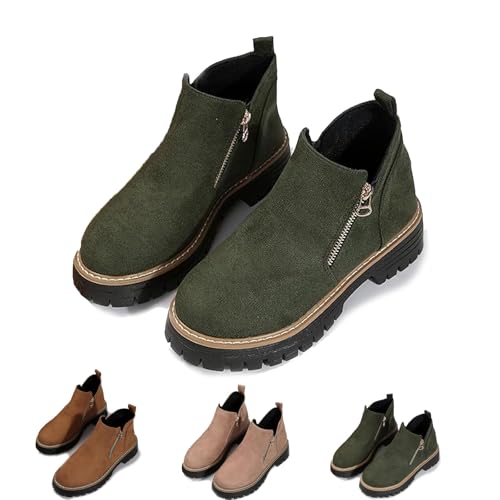 Damen Runde Zehe Stiefeletten mit seitlichem Reißverschluss rutschfest Wildleder Niedriger Absatz Kurze Stiefel Kleid Casual Chunky Heel Walking Schuhe, grün, 39.5 EU von Generisch